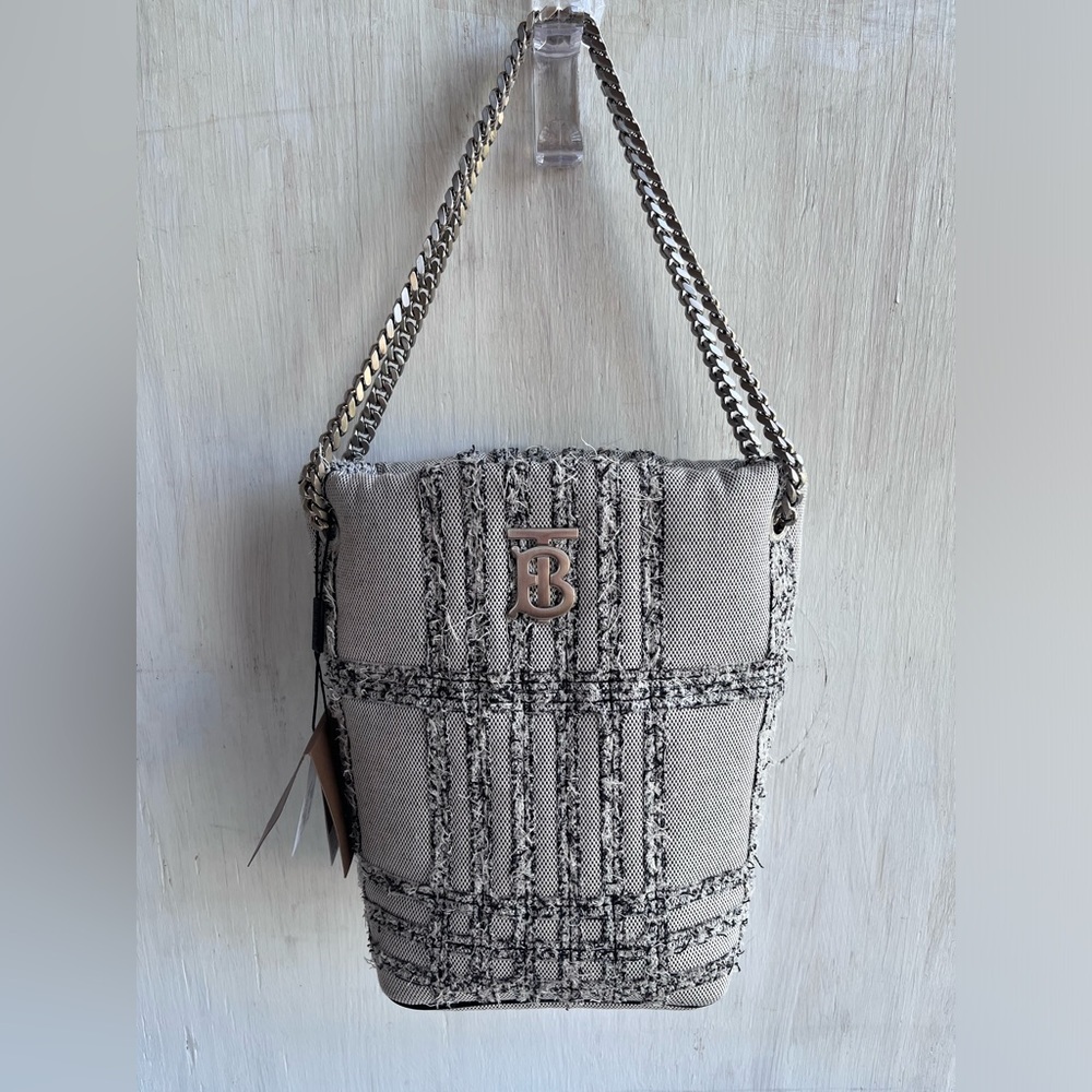 BURBERRY Lola Needle Punch Check Canvas Small Bucket Bag- Black and White - Picture 3 of 13